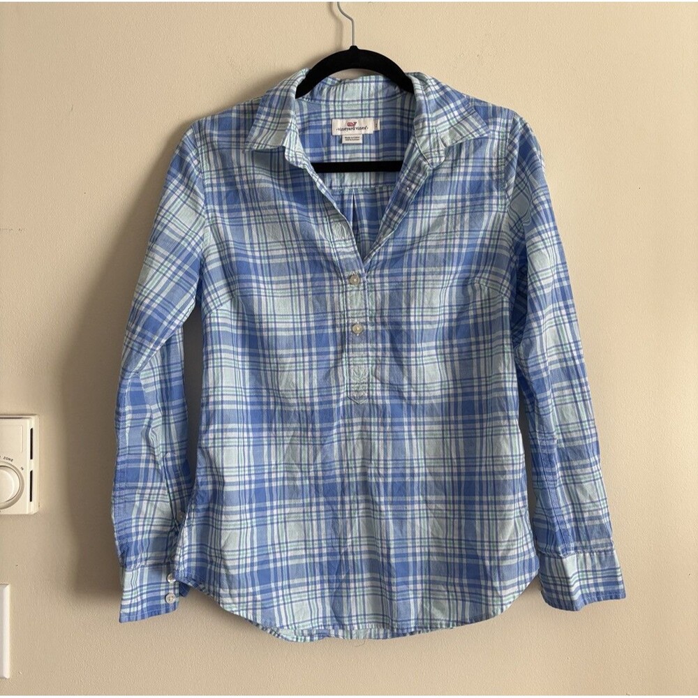 Vineyard Vines Womens XS 2 Popover Button Shirt Plaid Cotton Blue Green Preppy